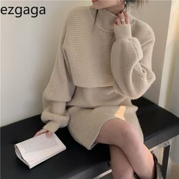 Ezgaga Knit Two Piece Set Women Fashion Turtleneck Sweater Jumper Sleeveless Elegant Dress Loose Solid Pullover Office Lady 220221