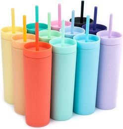 (4 pack) Matte Pastel Coloured Acrylic Tumblers with Lids and Straws | 16oz Double Wall Plastic Tumblers With FREE Straw Cleaner