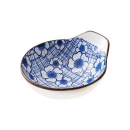 Blue and White Scoop Shaped Grip Handle Appetiser Plates Japanese Style Sauce Dipping Bowl Snack Dishes Floral Sea Wave Design 4"