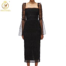 HMA Autumn Fashion Designer Flocking Wave Point Dresse Flare Long Sleeve Elastic Mesh Elegant Party Vestidos 210623