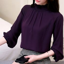 Women Blusas Feminina Elegant Chiffon Blouses Spring Casual Lantern Sleeve Female Shirt Fashion Purple Tops Ladies 93A 30 xxl