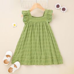 Girls Square Collar Texture Dresses Sumner 2021 Latest Kids Boutique Clothing 1-5T Children Ruffle Sleeves Cotton Dress