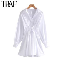 TRAF Women Chic Fashion With Drawstring Tied Pleated Mini Dress Vintage Long Sleeve Back Zipper Female Dresses Mujer 210309