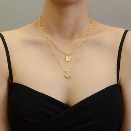 Pendant Necklaces Elegant Gold Plated Stainless Steel Love Heart Multi-layers For Women Jewelry,square Necklace Bead Neck Chains