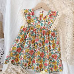 Girls Floral Dress Summer Girls Children'S Clothes European American Ethnic Style Lace Flying Sleeves Princess Fairy Dress 210303