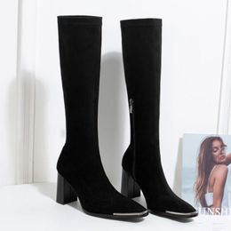 Women Knee Boots Fashion Square Toe Thick High Heel Shoes Woman Zipper Warm Long Boots Office Lady Footwear Size 34-39