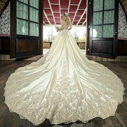 Luxury A Line Wedding Dresses Crystal Beads Bridal Gowns Sheer Neck Long Sleeve Ruched Satin Cathedral Train Chapel Vestidos De Novia Plus Size