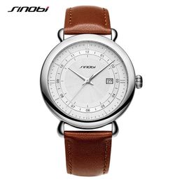 Sinobi New Luxury Men's Genuine Leather Watches Ultra-thin 100% Stainless Steel Quartz Wristwatch Male Sports Clock Montre Homme Q0524