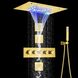 Luxury Brushed Gold Shower Mixer 50x36 Cm LED Bathroom Thermostatic High Flow Waterfall Rainfall Showers Combo Set