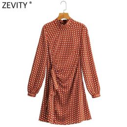 Zevity Women Vintage Stand Collar Polka Dots Printing Ruffles Mini Dress Ladies Back Zipper Casual Slim Party Vestido DS4646 210603