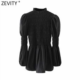 Zevity Women Vintage Stand Collar Pleated Black Smock Blouse Office Ladies Puff Sleeve Slim Shirts Chic Blusas Tops LS7516 210603