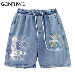 GONTHWID Denim Jean Shorts Harajuku Graffiti Print Short Pants Streetwear Mens Hip Hop Fashion Summer Casual 210806
