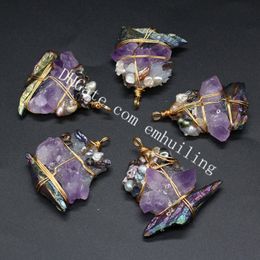 Raw Rainbow Titanium Crystal Stone Point Handcrafted Wire Wrapped Pendant Reiki Healing Natural Rough Purple Amethyst Quartz Gemstone Pearls Epoxy Resin Pendants