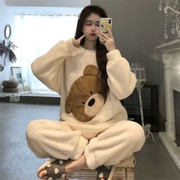 QWEEK Winter Pyjamas Women Warm Sleepwear Velvet Trouser Suits Kawaii Clothes Loungewear Korea Style Peignoirs Home Kit 211211