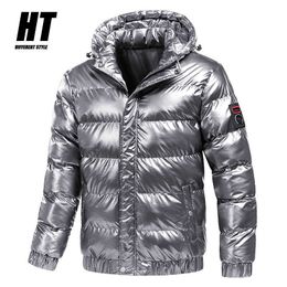 Winter Jacket Men Glossy silver Thick Parka Jacket Mens Solid Hooded warm Cotton clothes Fashion Casual Zipper Coat 4xl 210603