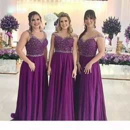 Purple Beaded Bridesmaid Dresses 2021 Sleeveless Jewel Neck Chiffon Floor Length Custom Made Maid of Honor Gown Country Wedding Party Wear