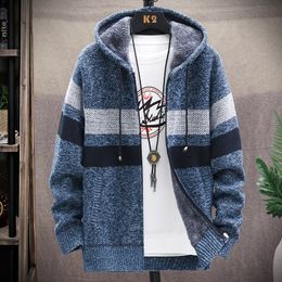 2021 Autumn New Hooded Mens Sweater Thickened Plus Velvet Mens Slim Cardigan Knitted Sweater Patchwork Jacket Male M-3XL