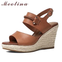 Meotina Espadrille Platform Wedges Sandals Real Leather Super High Heel Shoes Round Toe Buckle Female Footwear Summer Brown 210608