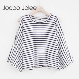 Jocoo Jolee Casual Striped T-Shirt for Women Sexy Back Hollow out T-Shirts with Strapless Long Sleeves O-neck Women Pullovers 210619