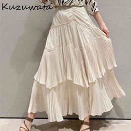 Kuzuwata Japanese Sweet Temperament Office Lady Faldas Empire Solid Ruffles Mid-Calf Skirts Spring Summer Woman Bottoms 210708