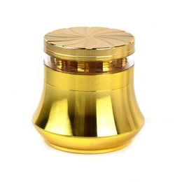 63MM /2.48" Golden Metal Herb Grinder Smoking Gold Spice Tobacco Grinders Drum Shape 4-Piece Aluminium Alloy Hand Muller Transparent Window Design