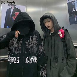 Woherb Sweatshirt Women Oversized Jackets Fall Woman Clothes Harajuku BF Flame Print Tops Hoodie Korean Hooded Hoodies 211013