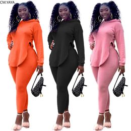 CM.YAYA Active Wear Fashion Women's Set Hooded Split Side Tops Jogger Pants Suit Tracksuit Matching Two Piece Set Fitness Outfit Y0625