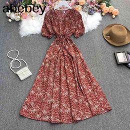 Summer Women Vintage Fashion V-neck puff sleeve Dress high waist lace up waist floral mid-length A-line Dress 210715