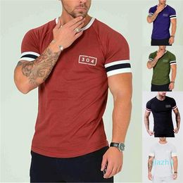 Hot Sale Fashion Mens Designer Fitness Striped Tshirts Fashion Short Sleeved Mens Summer Patchwork Tops Man O Neck Regular Length Tees