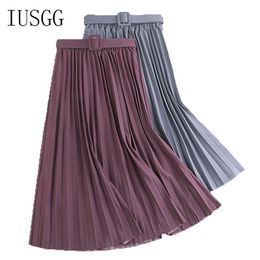 Skirts Vintage Midi Skirt With Belt 2021 Summer Thin Pleated Elastic High Waist Mid-calf Top Quality