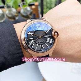 Famous Brand Automatic Mechanical Men Watches Rose Gold Roman Number Watch Stainless Steel Calendar Clock Black Leather 46mm