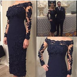 Navy Tea Length Mother Of Bride Groom Dresses With Long Sleeves Off The Shoulder D Floral Flowers Applique Evening Formal Dress