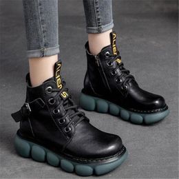 Boots Vintage Mother Wedges Genuine Leather Ankle Boot For Women Lace-Up Winter Non Slip Shoes Female Platform Fashion Buckle