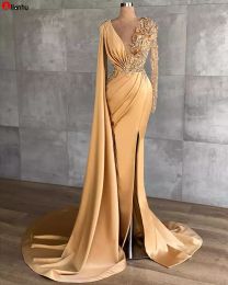Aso Ebi 2021 Arabic Gold Mermaid Sexy Evening Dresses Beaded Crystals Prom Dresses High Split Formal Party Second Reception Gowns ZJ295 2022new