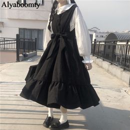 Japanese Harajuku Lolita Style Women Long Sundress Black Gray Blue Oversized Sleeveless Dress Cute Kawaii Ruffles Sashes Dresses 210223