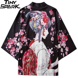 Harajuku Streetwear Kimono Jacket Japanese Geisha Cartoon Hip Hop Men Japan Style Summer Thin Clothing Loose 210811