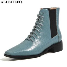 ALLBITEFO fashion brand genuine leather square toe thick heles women boots high heels ankle boots for woemn autumn girls shoes 210611