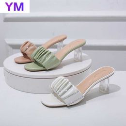 2021 Women's Shoes Sandals Wear Pleated Summer New PEARL Open Toe Sexy Clear Heel Zapatillas Casa Mujer Sapatos Femininos Y0721