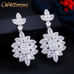 Full Shiny White Cubic Zirconia Pave Leaf Drop Long Earrings for Brides Party Wedding Engagement Jewellery Gift CZ783 210714