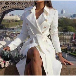 Women's Trench Coats White Coat For Women Vintage Double Breasted Slim Long Female Winter Office Lapel Solid Dress OL Ladies