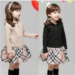 Plaid splicing Kids Girl Dresses 2022 spring autumn new long sleeve hoode casual Dress fashion temperament Princess Vestidos