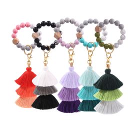 Favour Silicone Beads Bracelet Keychain Three Layer Cotton Tassel Wrist Keyring Wooden Bead Bangle Key Ring Women Bag Pendant Decoration