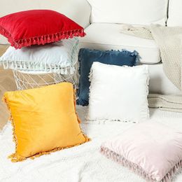 Cushion/Decorative Pillow Cilected 45X45CM Solid Colour Plush Tassel Lace Pillowcase Ins Wind Sofa Cushion Cover Car Waist Protector Home Dec