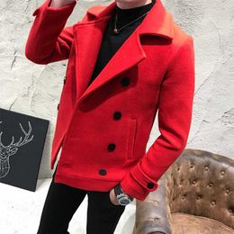 Autumn Winter Solid Colour Overcoat Woollen Coat Red Black Smart Casual Mens Wool Coat Coats Jackets Slim Fit Mens Pea Coat 211122