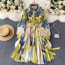 Women Vintage Print Midi Dress Design Runway Shirt Elegant Lapel Collar Full Sleeve Belted Boho Party 210603