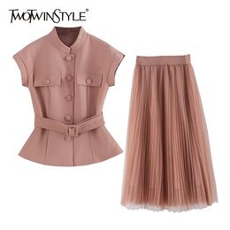 TWOTWINSTYLE Elegant Pink Two Piece Set For Women Stand Collar Sleeveless Tops High Waist Pleated Mesh Skirt Female Sets 210730