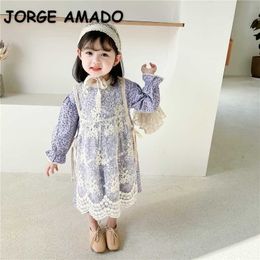 Korean Style Spring Kids Girls Dress 2-pcs Sets Lace Smock + Floral Princess Children Cute Clothes E9048 210610