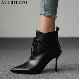 ALLBITEFO arrive genuine leather sexy high heels women boots women high heel shoes thin heels ankle boots for women 210611