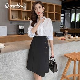 Qooth Office Lady Black Knee Length Skirts Irregular A Line Summer Autumn Plus Size XXL Elastic Waist Elegant Button Skirt QT067 210609