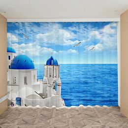 coastal living room UK - Curtain & Drapes Greek Aegean Sea Blue Scenery Sunlight 3D Ocean Design Ship Starfish Coastal Landscape Nordic Curtains For LIving Room